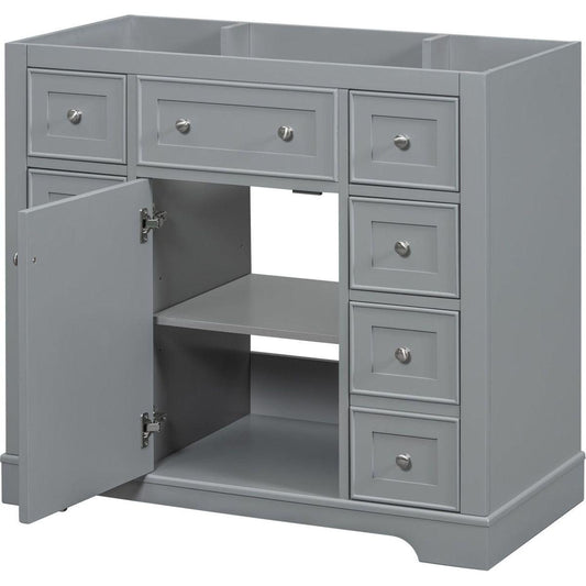 36" Bathroom Vanity without Sink, Cabinet Base Only, One Cabinet and Six Drawers, Grey