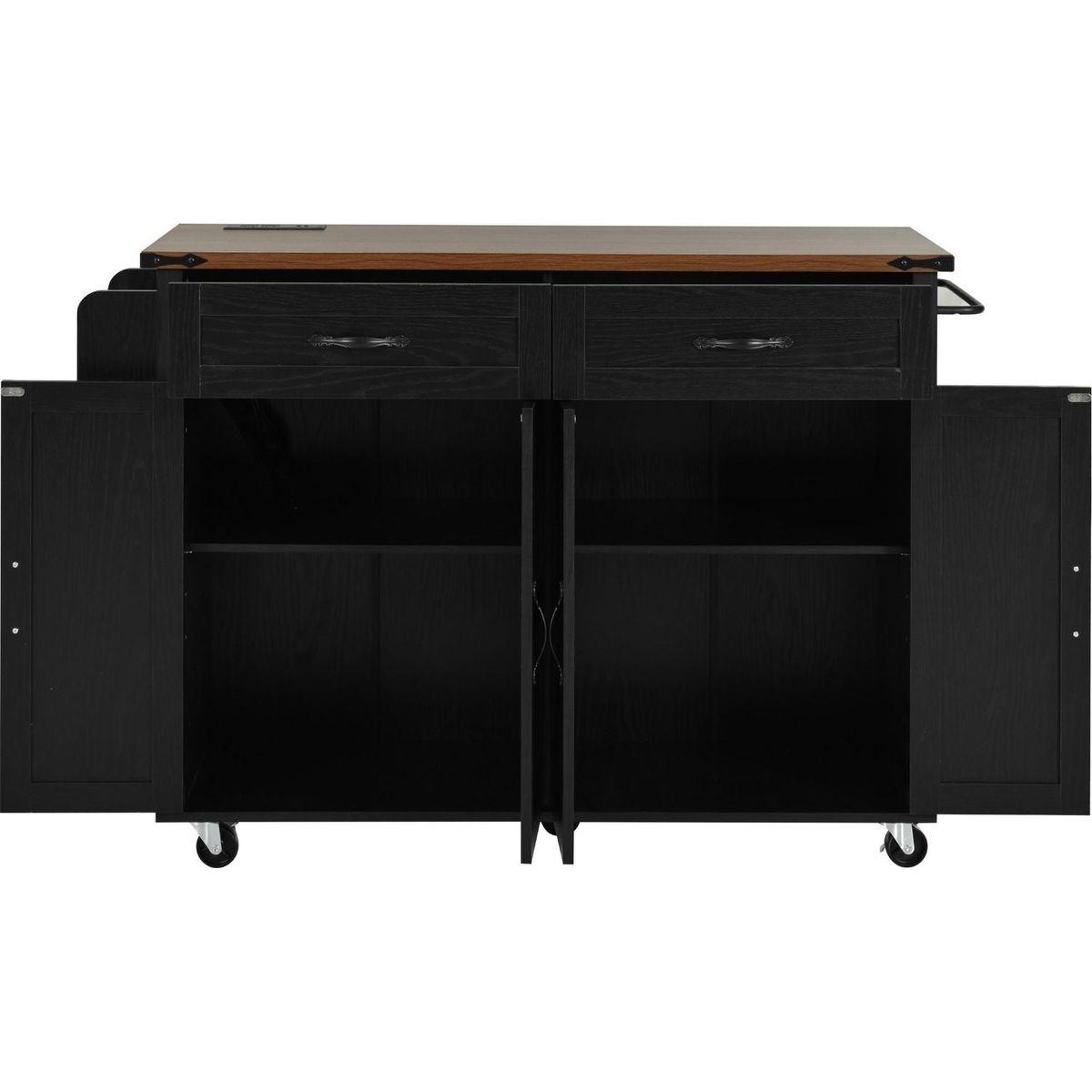 53.5"Farmhouse Kitchen Island with Power Outlet, Kitchen Storage Island with Drop Leaf, Spice Rack and Drawer, Rolling Kitchen Cart on Wheels, for Home, Kitchen and Dining Room, Black