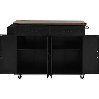 53.5"Farmhouse Kitchen Island with Power Outlet, Kitchen Storage Island with Drop Leaf, Spice Rack and Drawer, Rolling Kitchen Cart on Wheels, for Home, Kitchen and Dining Room, Black