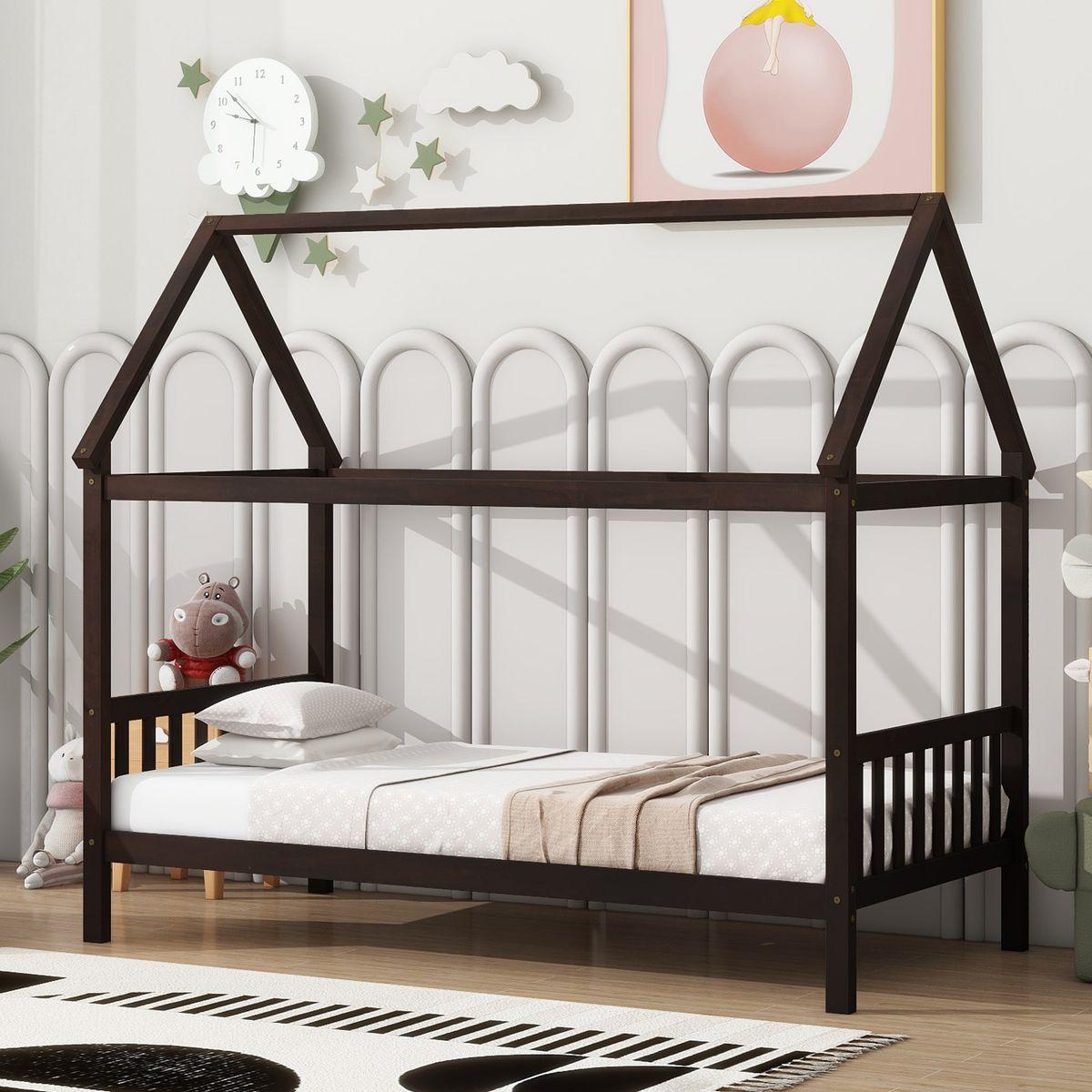 Twin House Bed with Headboard and Footboard, Twin Rubber Wood Bed with House Frame,Esspresso