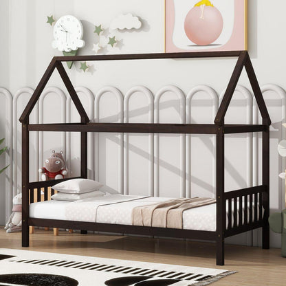 Twin House Bed with Headboard and Footboard, Twin Rubber Wood Bed with House Frame,Esspresso