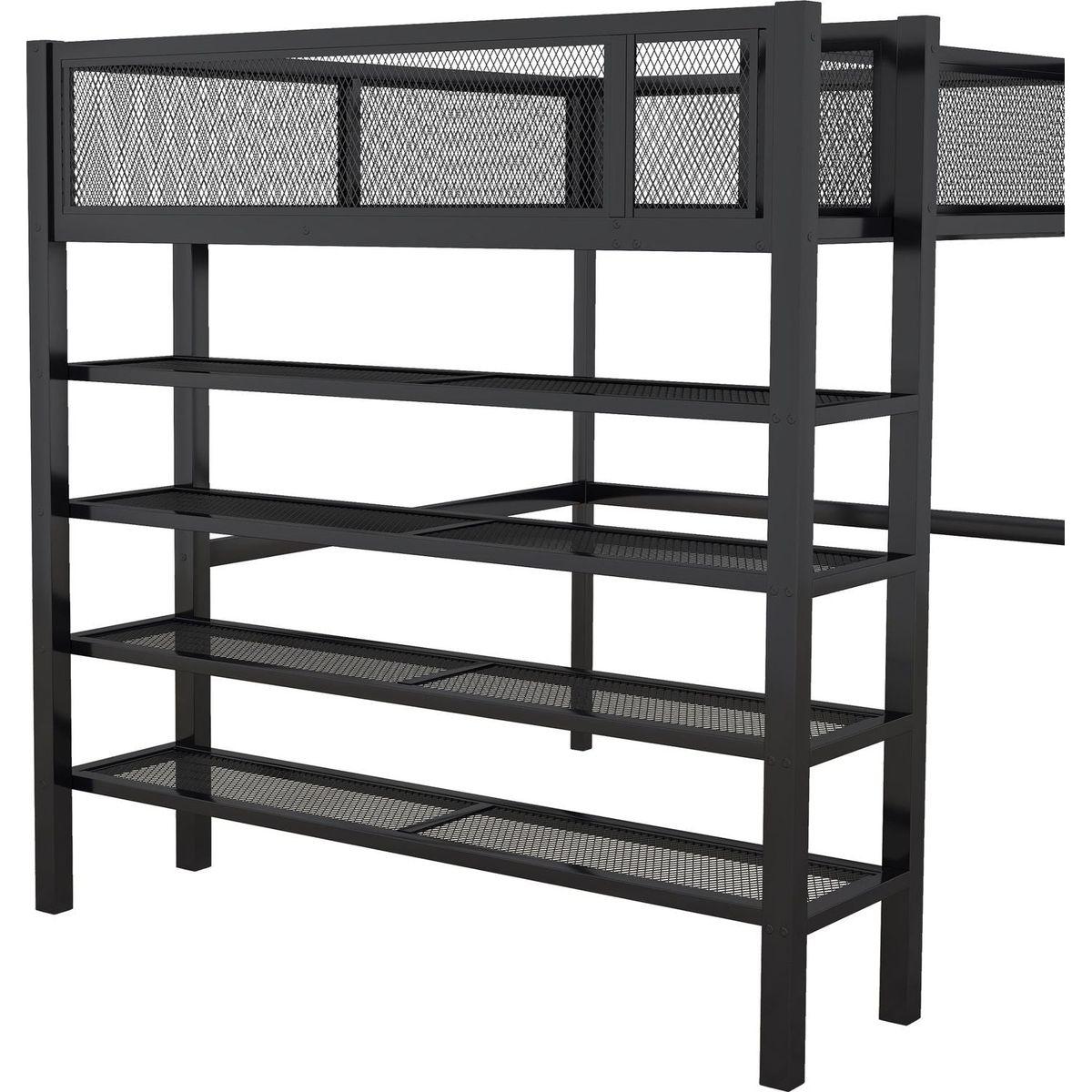Full Size Metal Loft Bed with 4-Tier Shelves and Storage, Black