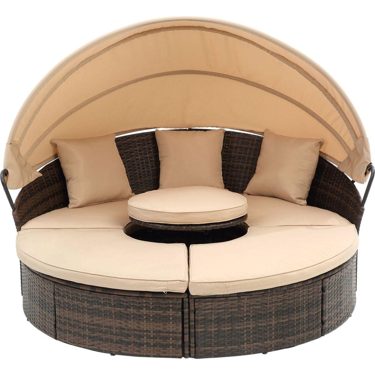 Hot Sale KD Rattan Round Lounge With Canopy Bali Canopy Bed Outdoor, Wicker Outdoor Sofa Bed with lift coffee table