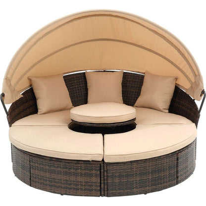 Hot Sale KD Rattan Round Lounge With Canopy Bali Canopy Bed Outdoor, Wicker Outdoor Sofa Bed with lift coffee table