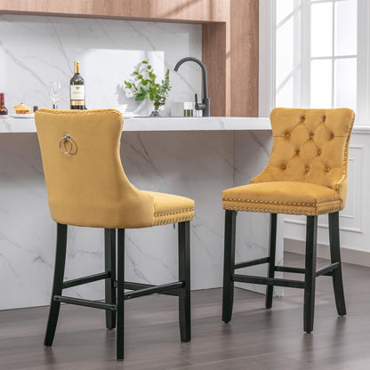 Contemporary Velvet Upholstered Barstools with Button Tufted Decoration and Wooden Legs, and Chrome Nailhead Trim, Leisure Style Bar Chairs,Bar stools, Set of 2 (Golden)