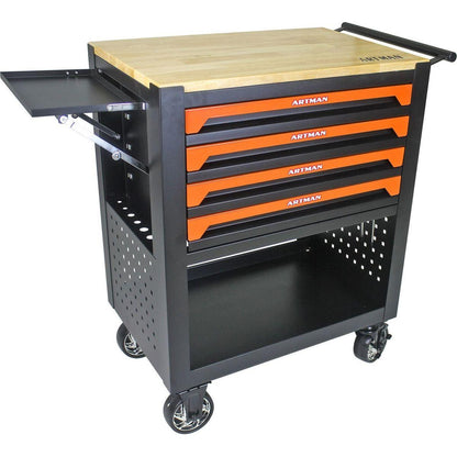 4 DRAWERS MULTIFUNCTIONAL TOOL CART WITH WHEELS AND WOODEN TOP-ORANGE