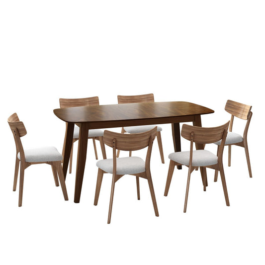 7-Piece Mid-Century Dining Set with Walnut Finished Frame, Upholstered Dining Chairs,Light Beige Chairs and Walnut Wood Table