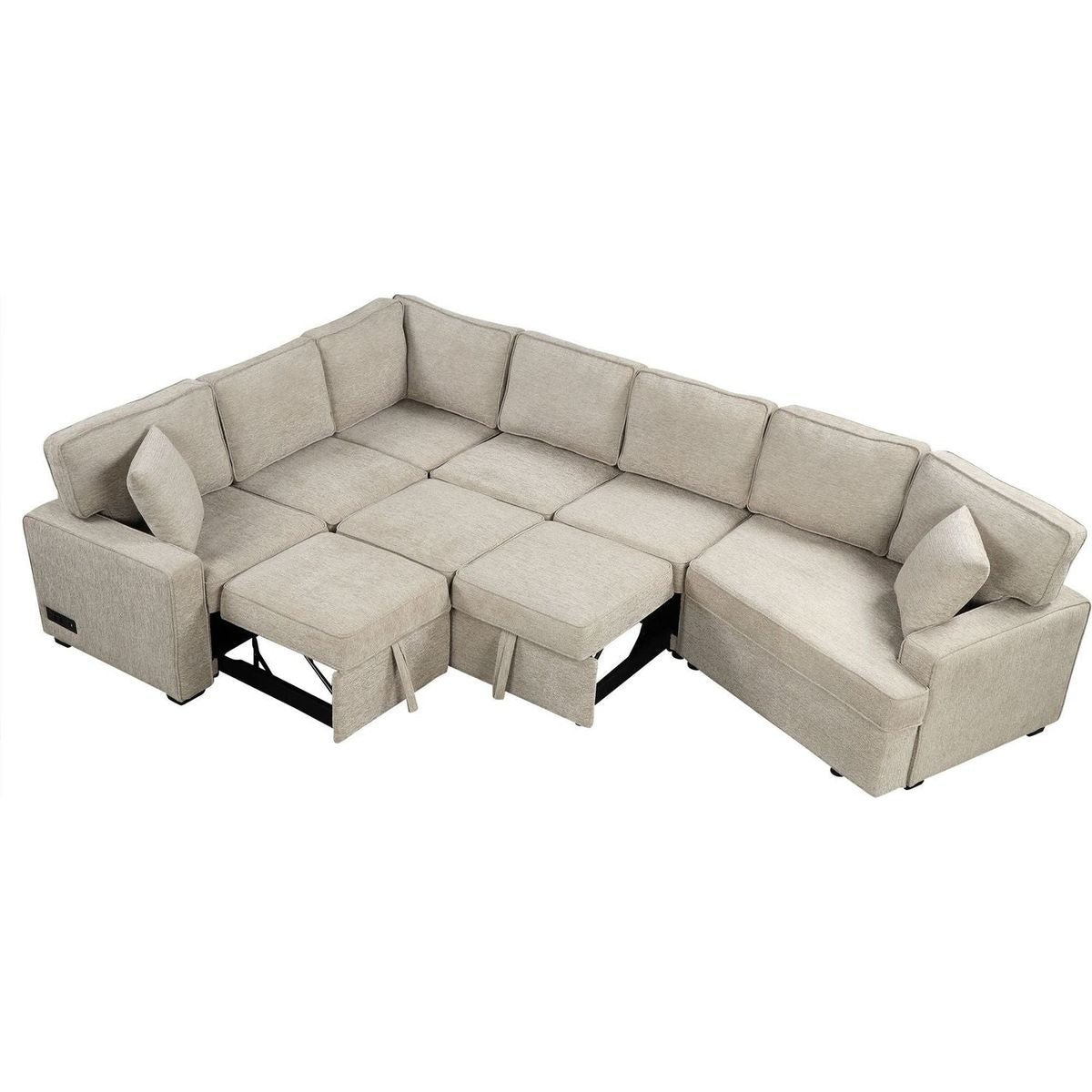 126" L-shaped Sofa Sectional Sofa Couch Pull-out Sofa Bed with Charging Devices and Cup Holders for Living Room, Beige