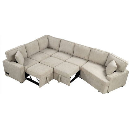 126" L-shaped Sofa Sectional Sofa Couch Pull-out Sofa Bed with Charging Devices and Cup Holders for Living Room, Beige