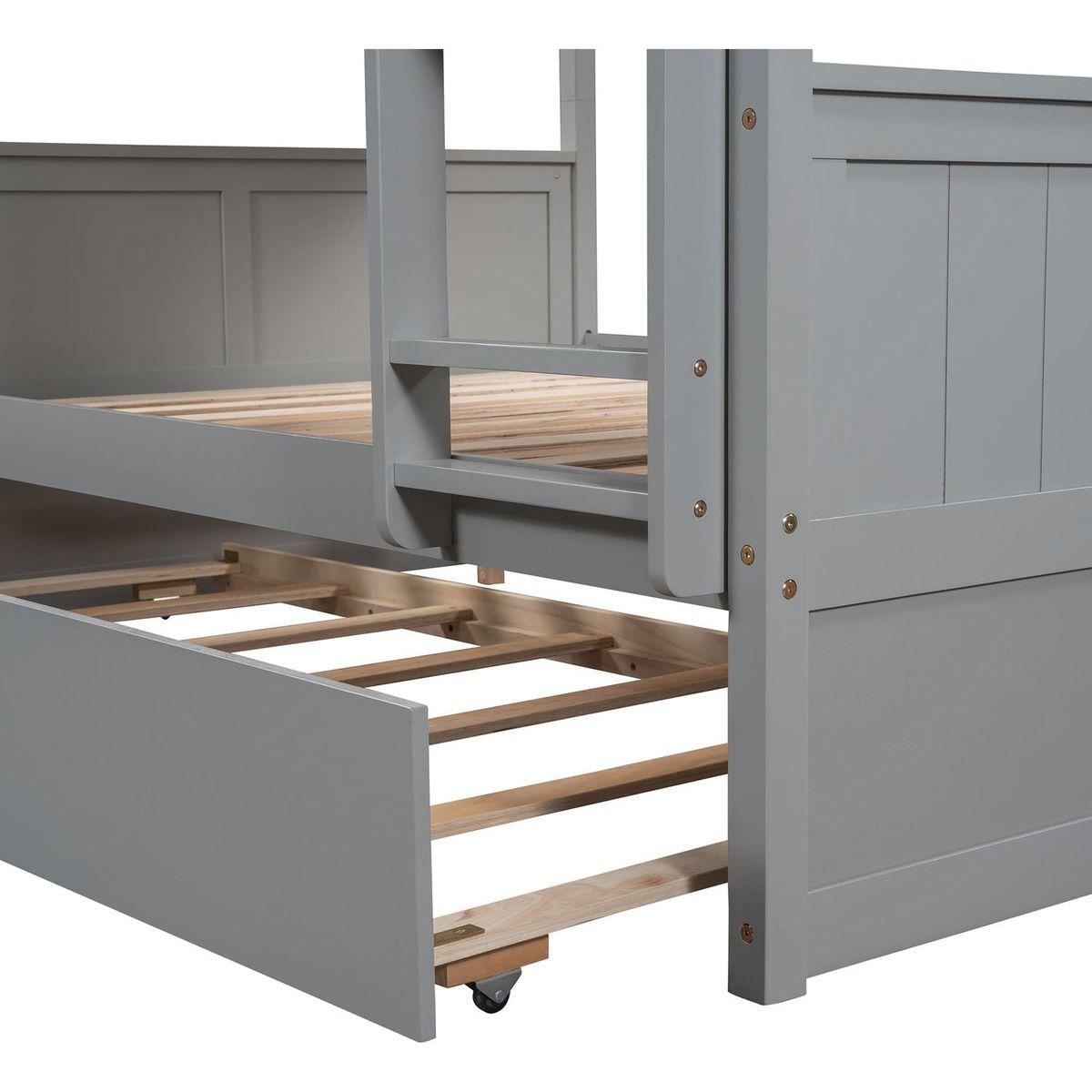 Full Over Full Bunk Bed with Twin Size Trundle, Gray