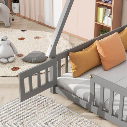 Full Tent-shaped Floor Bed, with Guardrails, Slats, Door, Grey