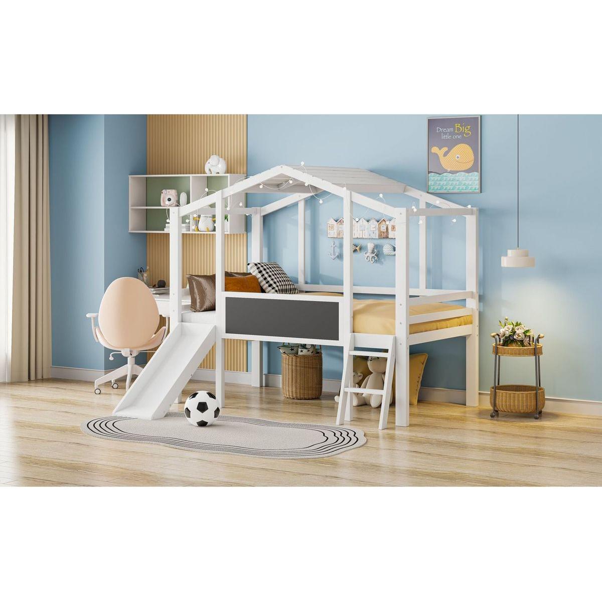 Twin Size Loft Bed with Ladder and Slide, House Bed with Blackboard and Light Strip on the Roof, White