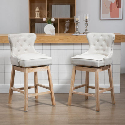 Upholstered Fabric Bar Height Bar Stools, 180 Swivel Nailhead-Trim Pub Chairs, 30" Seat Height with Rubber Wood Legs, Set of 2, Cream