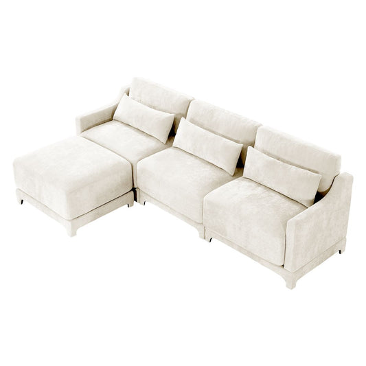 Elegant Chenille Three-Seater Sofa with Movable Ottomans, High-Resilience Sponge, Beige