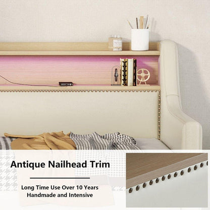 Twin Size Daybed with Storage Drawers, Upholstered Daybed with Charging Station and LED Lights, Beige