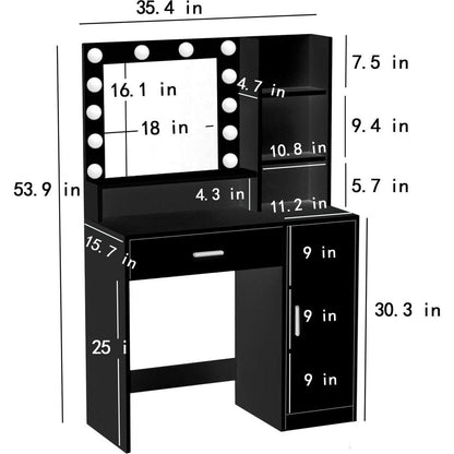 Vanity Desk with Mirror & Light, Large Drawer Three Level Storage Dresser, 3 Lighting Modes Adjustable Brightness, Bedroom Dressing Table (Black)