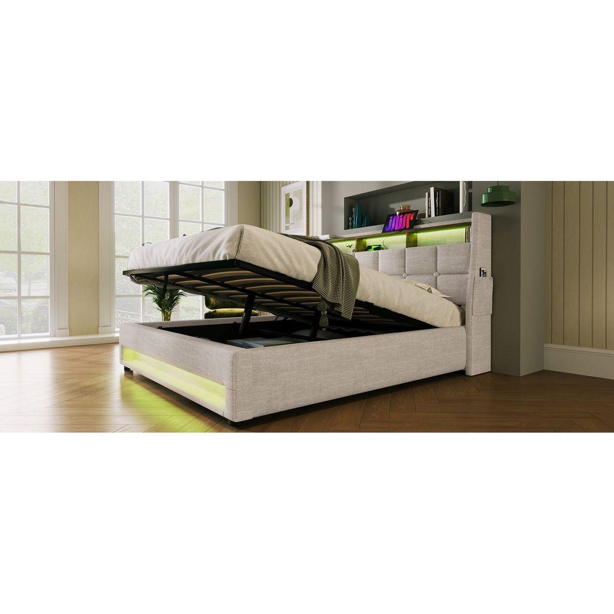 Queen size Upholstered Platform bed with a Hydraulic Storage System, LED and USB Charging, Natural (without mattress)