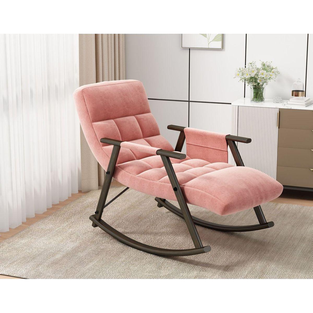 Casual folding rocking chair upholstered, lounge rocking chair adjustable high back and foot rest,side pockets placed in living room bedroom balcony
