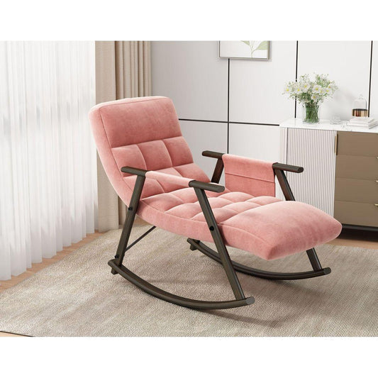 Casual folding rocking chair upholstered, lounge rocking chair adjustable high back and foot rest,side pockets placed in living room bedroom balcony