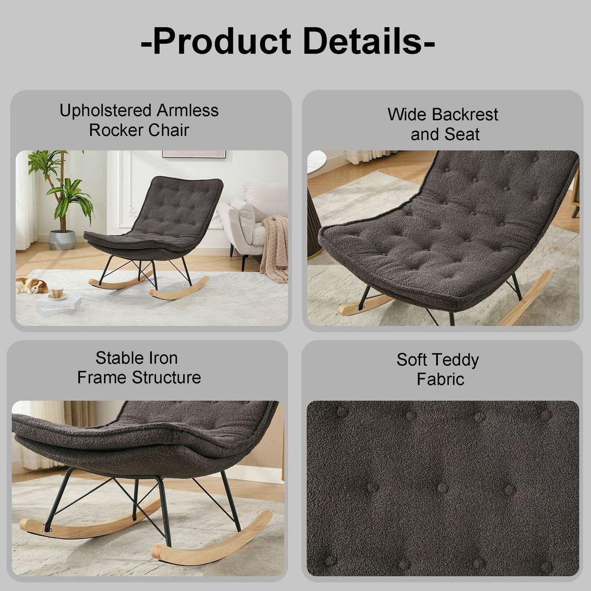 Lazy Rocking Chair,Comfortable Lounge Chair with Wide Backrest and Seat Wood Base, Upholstered Armless Rocker Chair for Living room, Balcony,Bedroom and Patio Porch. (GREY)