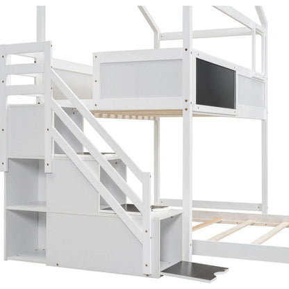 Twin over Full House Bunk Bed with Storage Staircase and Blackboard,White