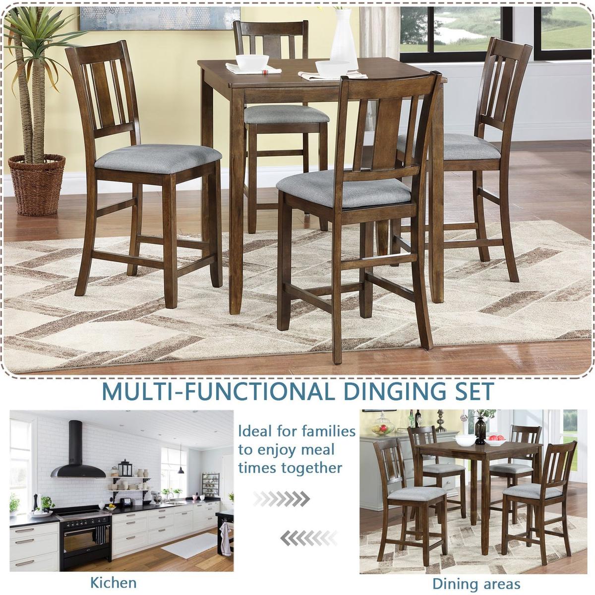 5 Piece Dining Table Set, Wooden Dining Square Table Set for 4, Counter Height Kitchen Table Set with Square Table and 4 Upholstered Chairs for Small Space, Walnut