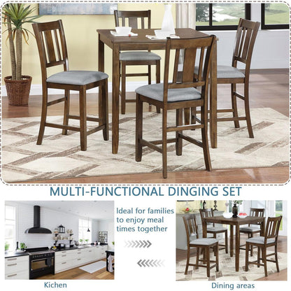 5 Piece Dining Table Set, Wooden Dining Square Table Set for 4, Counter Height Kitchen Table Set with Square Table and 4 Upholstered Chairs for Small Space, Walnut