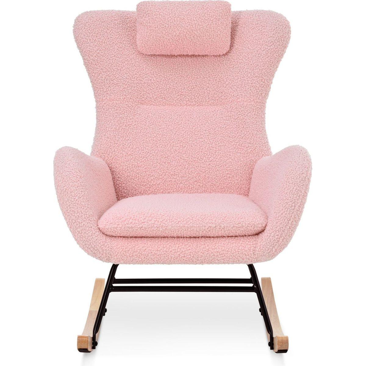 Rocking Chair Nursery, Teddy Upholstered Rocker Glider Chair with High Backrest, Adjustable Headrest & Pocket, Comfy Glider Chair for Nursery, Bedroom, Living Room, Offices, Rubber wood, pink