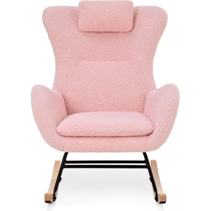 Rocking Chair Nursery, Teddy Upholstered Rocker Glider Chair with High Backrest, Adjustable Headrest & Pocket, Comfy Glider Chair for Nursery, Bedroom, Living Room, Offices, Rubber wood, pink