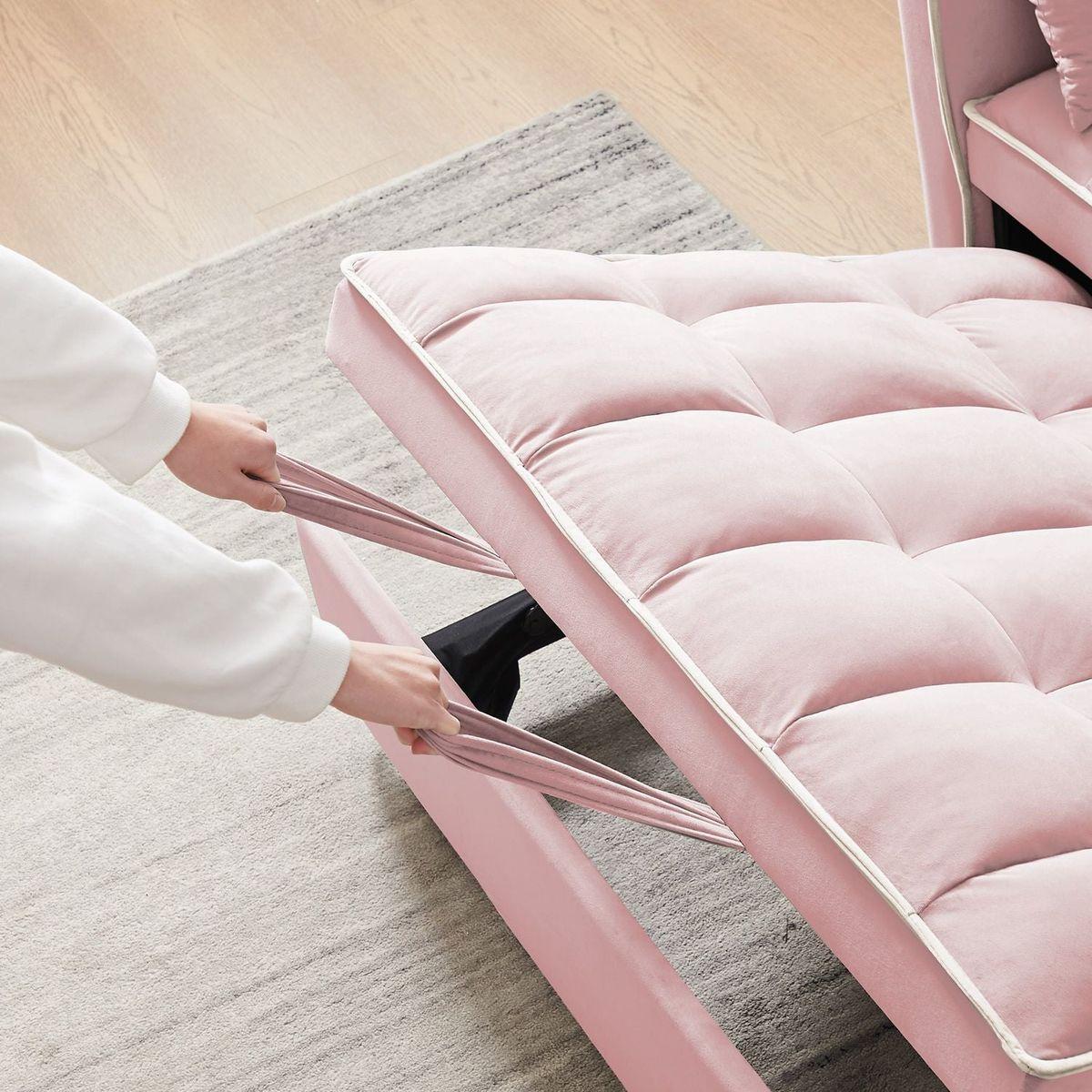 1 versatile foldable sofa bed in 3 lengths, modern sofa sofa sofa velvet pull-out bed, adjustable back and with USB port and ashtray and swivel phone stand (pink)