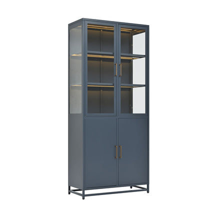 Modern Style 76.75'' Tall Steel Display Cabinet with Double Glass Doors, LED Lights, 3-Sided Glass for Collectibles - Dark Blue