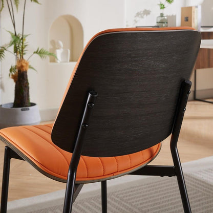 Dining Chairs Set of 2 Mid Century Modern Retro Faux Leather Chair with Walnut Bentwood Back Upholstered Seat Metal Legs Adjustable Foot for Kitchen Dining Room Chairs(Orange PU)