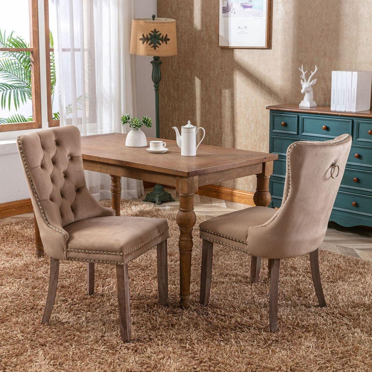 Nikki Collection Modern, High-end Tufted Solid Wood Contemporary Velvet Upholstered Dining Chair with Wood Legs Nailhead Trim 2-Pcs Set, Khaki