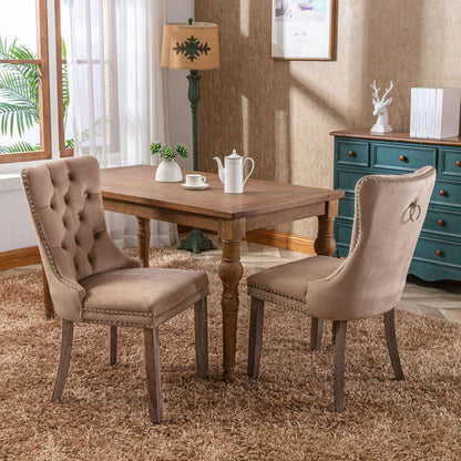 Nikki Collection Modern, High-end Tufted Solid Wood Contemporary Velvet Upholstered Dining Chair with Wood Legs Nailhead Trim 2-Pcs Set, Khaki