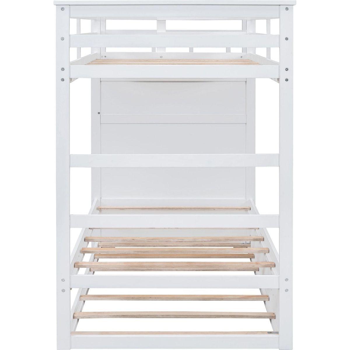 Twin Over Twin Bunk Bed with Trundle and Staircase,White