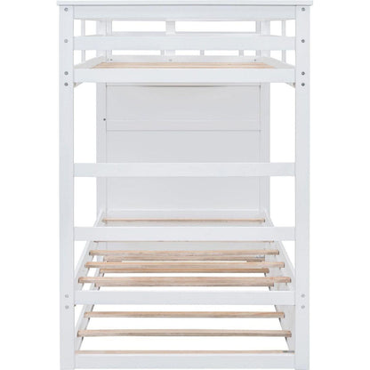 Twin Over Twin Bunk Bed with Trundle and Staircase,White