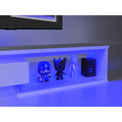 TV Console with Storage Cabinets, Extendable LED TV Stand with Remote Control, Multiple Modes Changing Lights Modern Entertainment Center with Chamfer Edge Shape, White