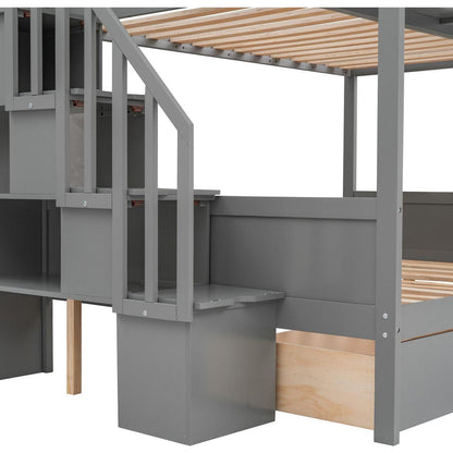 Twin over Full Bunk Bed with Shelfs, Storage Staircase and 2 Drawers, Gray