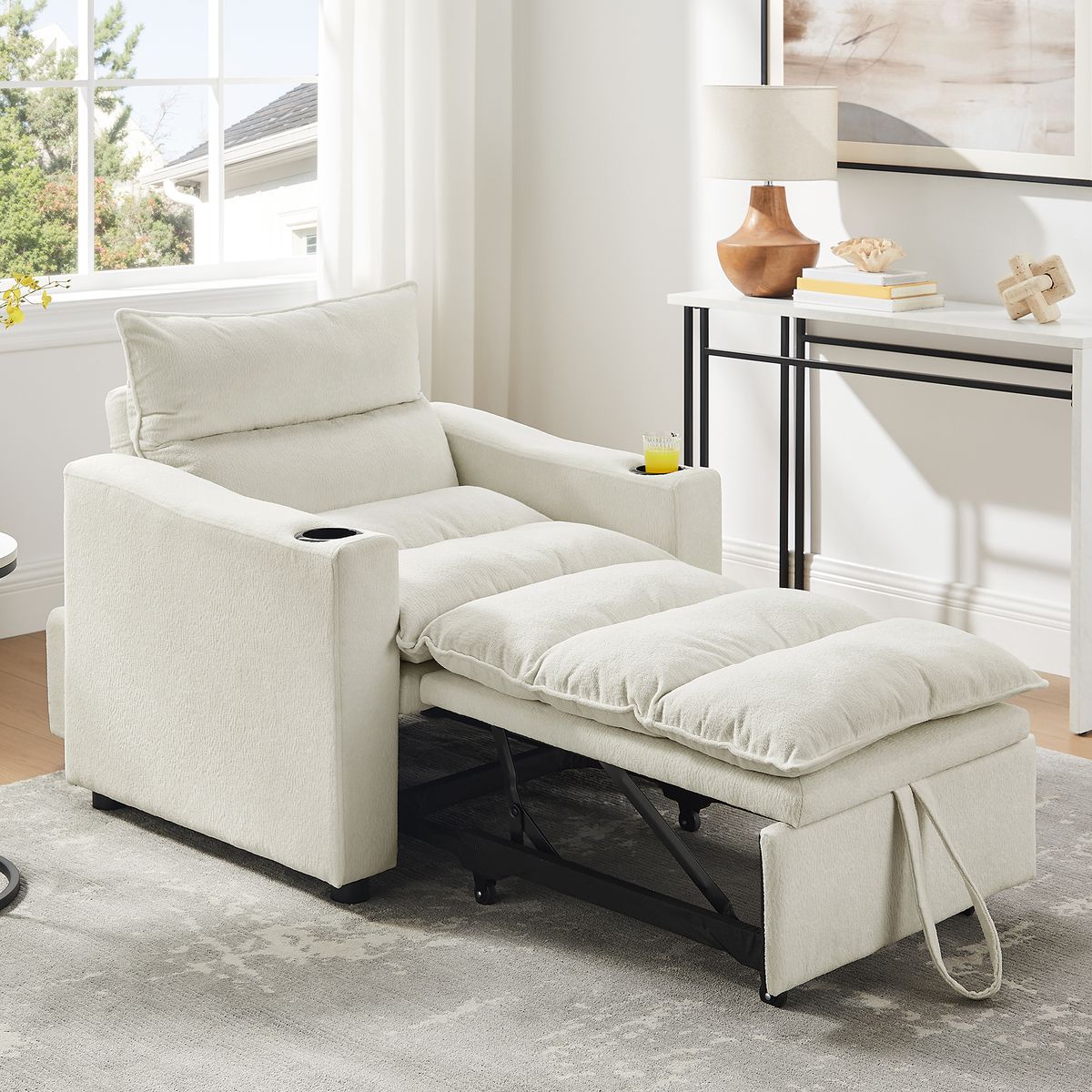 Sleeper Sofa Chair Bed, Convertible Sofa Chair 3-in-1, Adjustable Sleeper Chair Pullout Sofa Bed with Modern Velvet Fabric for Living Room Apartment Small Space, Beige