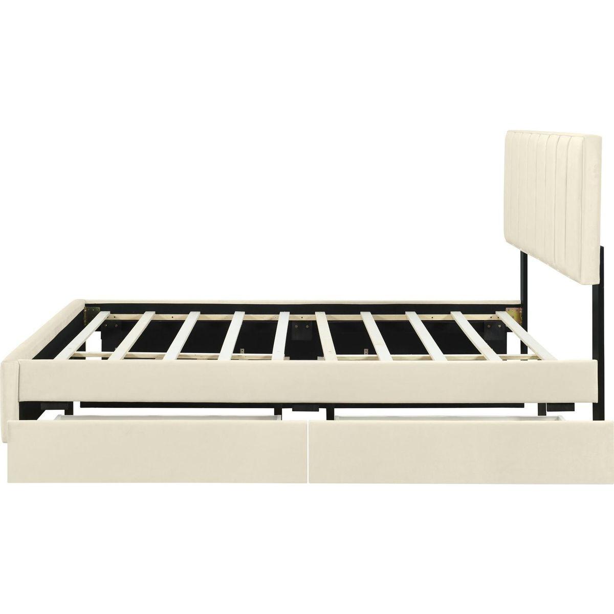 Queen Size Upholstered Platform Bed with 2 Drawers and 1 Trundle, Classic Metal Strip Headboard Design, Beige