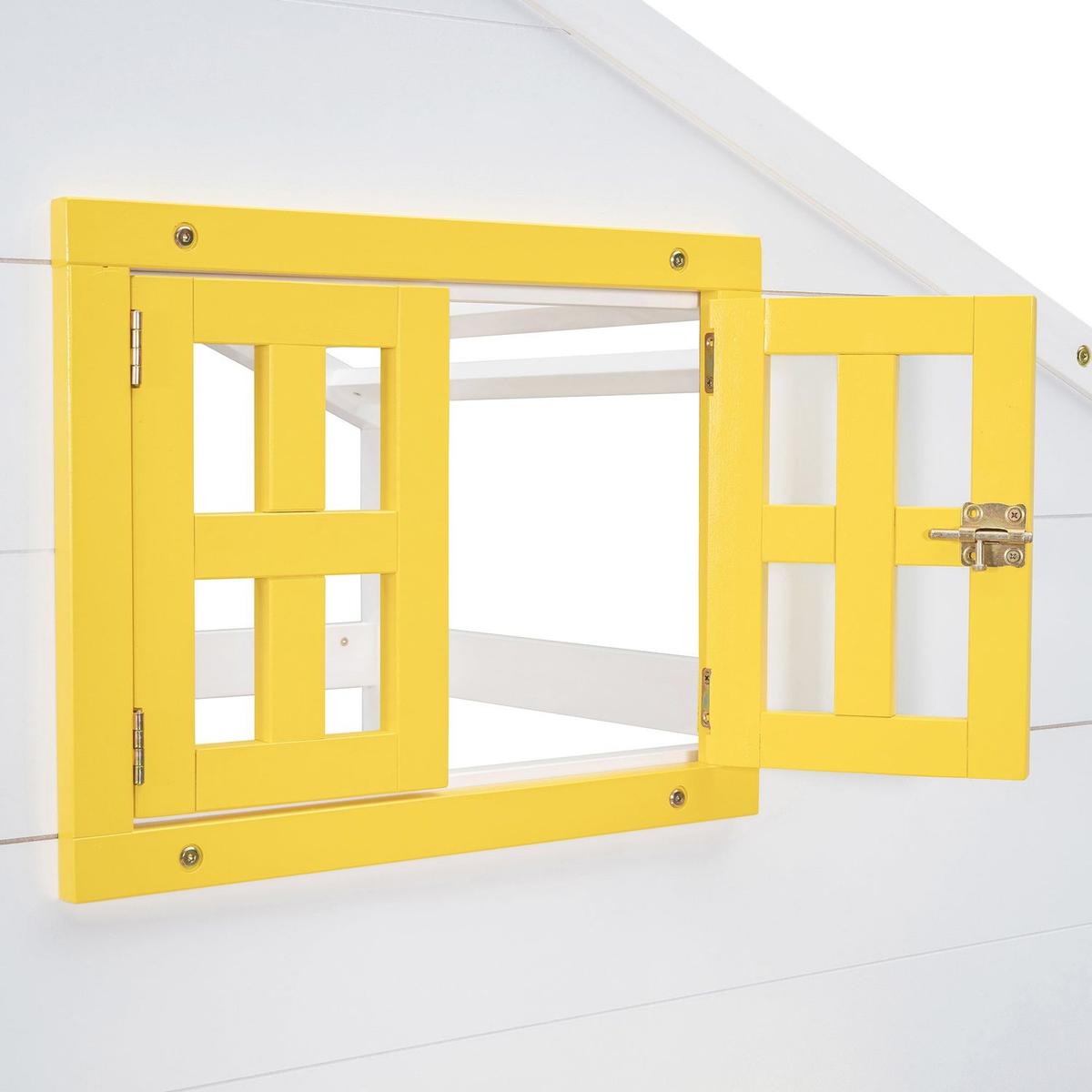 Twin over Twin Bunk Bed with 2 Drawers, 1 Storage Box, 1 Shelf, Window and Roof-White