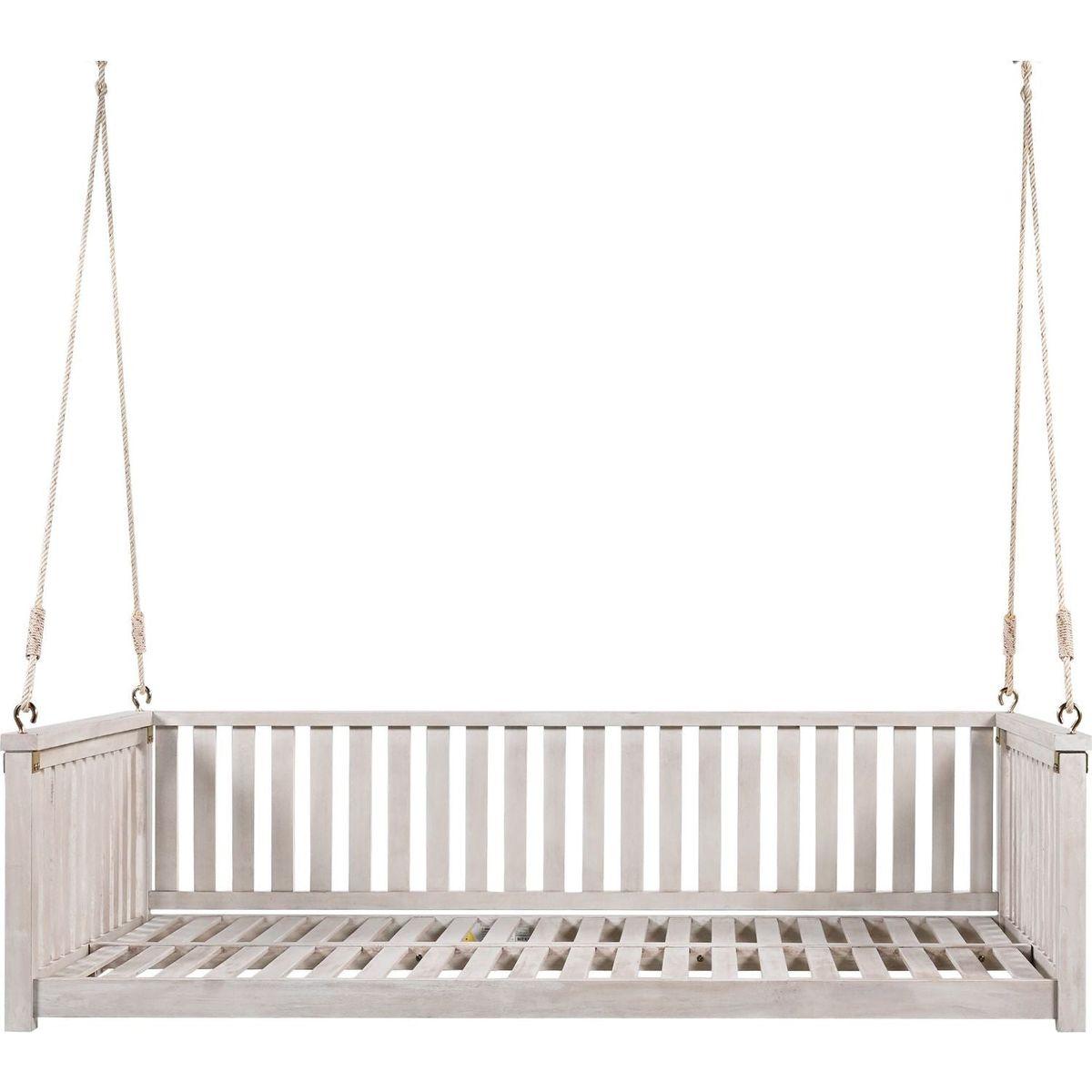 Patio Minimalist Twin Size Garden Swing Bed Wood Porch Swing with Ropes for Backyard, Safe Sloped Design, White