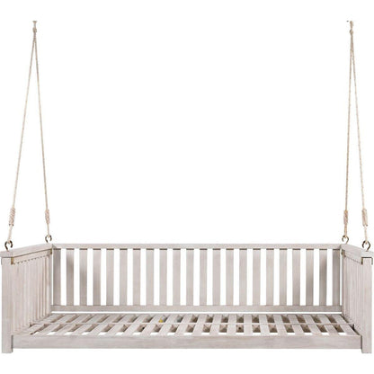 Patio Minimalist Twin Size Garden Swing Bed Wood Porch Swing with Ropes for Backyard, Safe Sloped Design, White