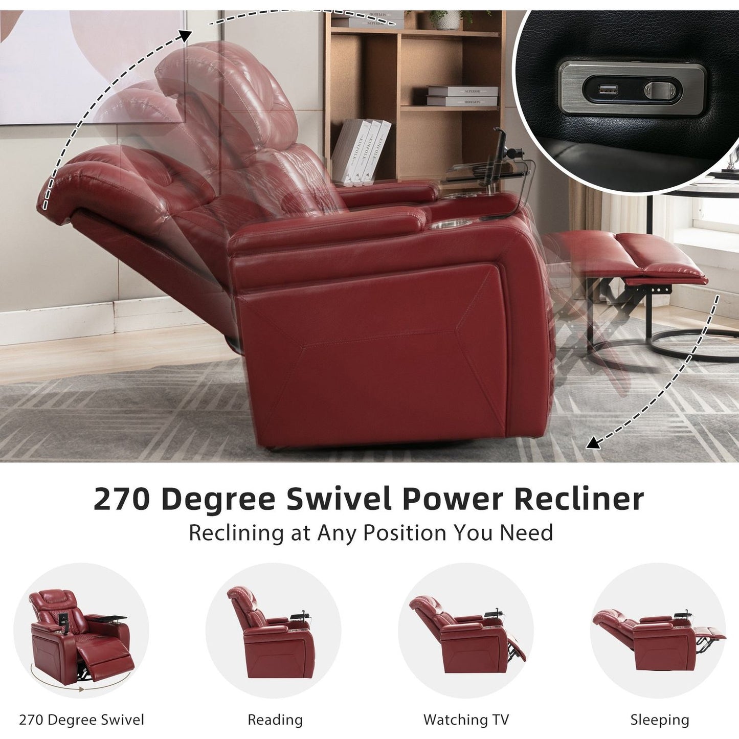 270 Degree Swivel PU Leather Power Recliner Individual Seat Home Theater Recliner with Comforable Backrest, Tray Table, Phone Holder, Cup Holder, USB Port, Hidden Arm Storage for Living Room, Red