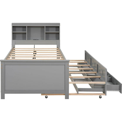 Twin Size Platform Bed with Storage Headboard, USB, Twin Size Trundle and 3 Drawers, Gray