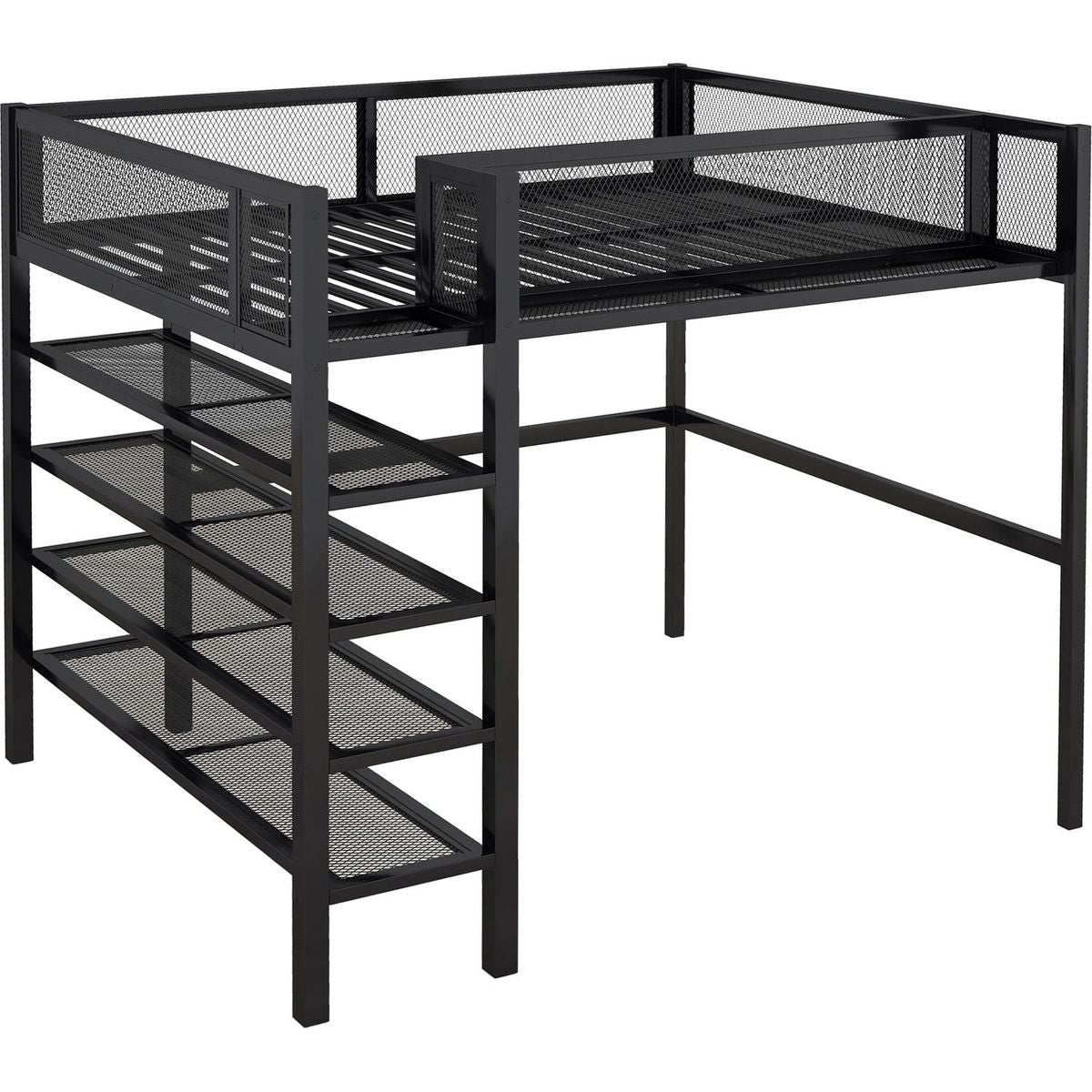 Full Size Metal Loft Bed with 4-Tier Shelves and Storage, Black