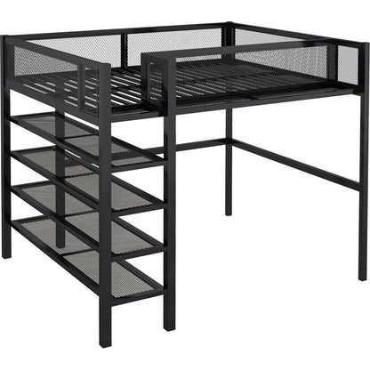 Full Size Metal Loft Bed with 4-Tier Shelves and Storage, Black