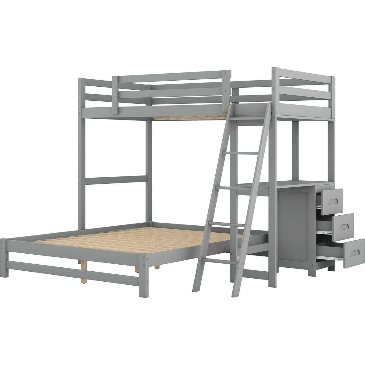 Twin over Full Bunk Bed with Built-in Desk and Three Drawers,Grey