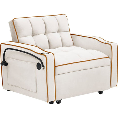 1 versatile foldable sofa bed in 3 lengths, modern sofa sofa sofa velvet pull-out bed, adjustable back and with USB port and ashtray and swivel phone stand creamy white