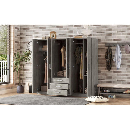 6-Doors Wooden Wardrobe Storage for Bedroom, with Big Drawers, Gray